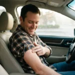 Man in his parked car on an autumn morning pressing a small bandage on his arm after a flu shot