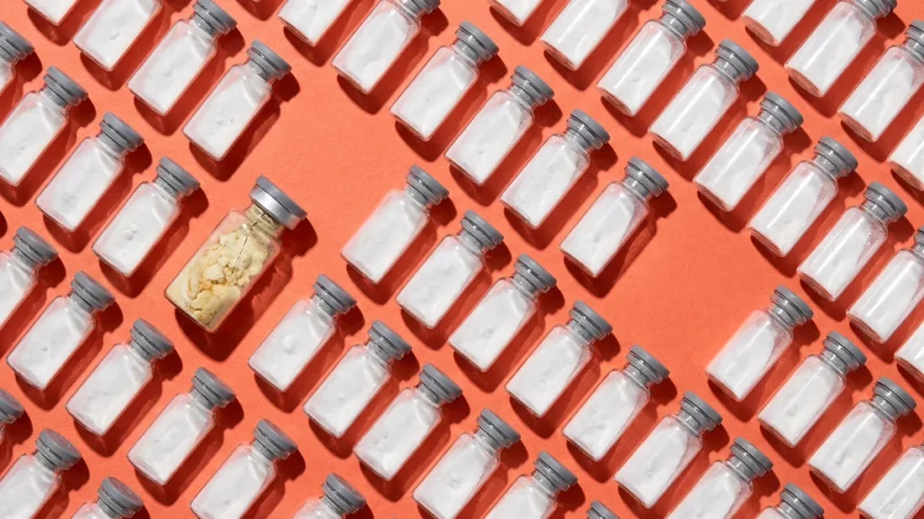 Rows of plain BPC-157 vials on coral, one with yellowed powder, a crooked cap and cracked glass