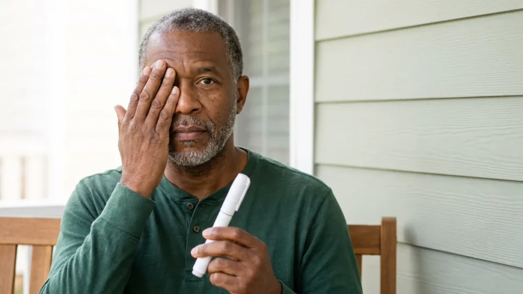 Man in his 50s on a sunny porch covering one eye while holding a capped medication pen