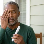Man in his 50s on a sunny porch covering one eye while holding a capped medication pen