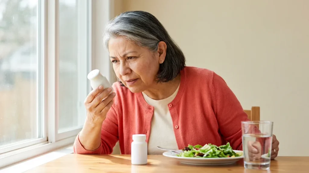 Woman in her 60s at a sunny dining table reading the back of a salt substitute shaker