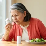Woman in her 60s at a sunny dining table reading the back of a salt substitute shaker