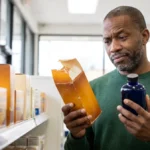 Man in a pharmacy aisle comparing two sleep aids, an opened amber box and a navy bottle, looking doubtful