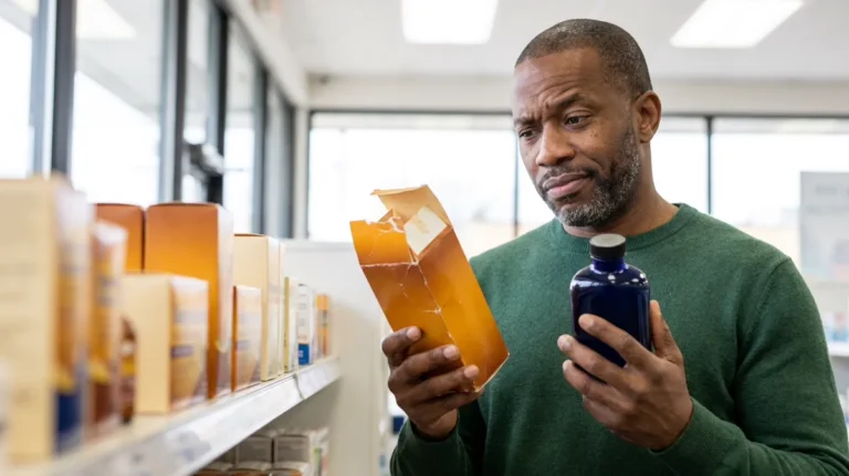 Man in a pharmacy aisle comparing two sleep aids, an opened amber box and a navy bottle, looking doubtful